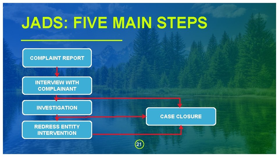 JADS: FIVE MAIN STEPS COMPLAINT REPORT INTERVIEW WITH COMPLAINANT INVESTIGATION CASE CLOSURE REDRESS ENTITY