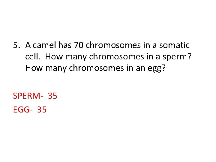 5. A camel has 70 chromosomes in a somatic cell. How many chromosomes in