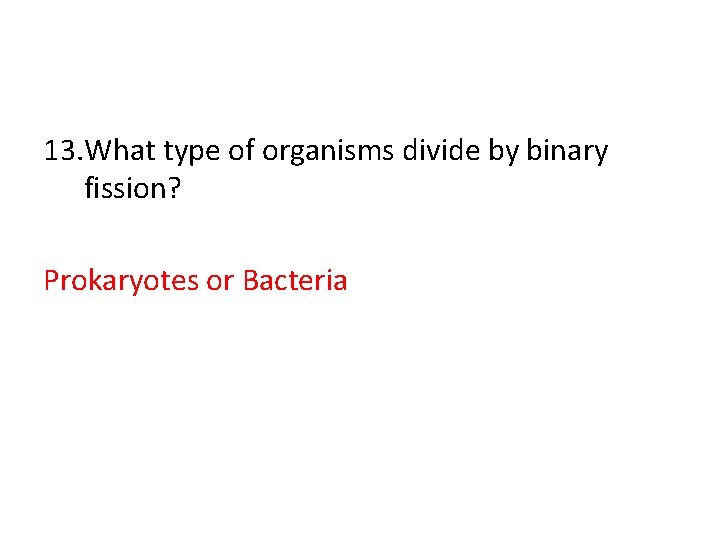 13. What type of organisms divide by binary fission? Prokaryotes or Bacteria 