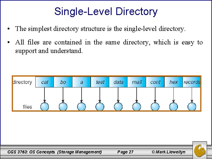 Single-Level Directory • The simplest directory structure is the single-level directory. • All files