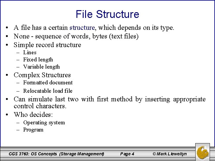 File Structure • A file has a certain structure, which depends on its type.