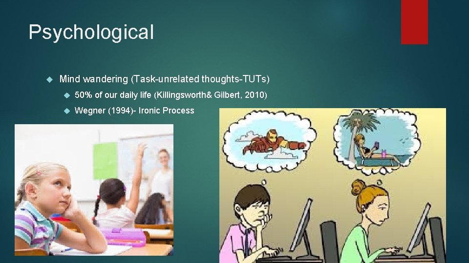 Psychological Mind wandering (Task-unrelated thoughts-TUTs) 50% of our daily life (Killingsworth& Gilbert, 2010) Wegner