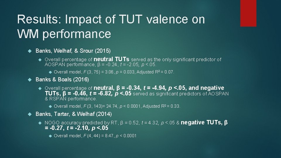 Results: Impact of TUT valence on WM performance Banks, Welhaf, & Srour (2015) Overall