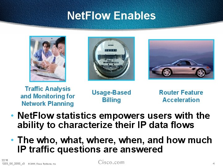 Net. Flow Enables Traffic Analysis and Monitoring for Network Planning Usage-Based Billing Router Feature