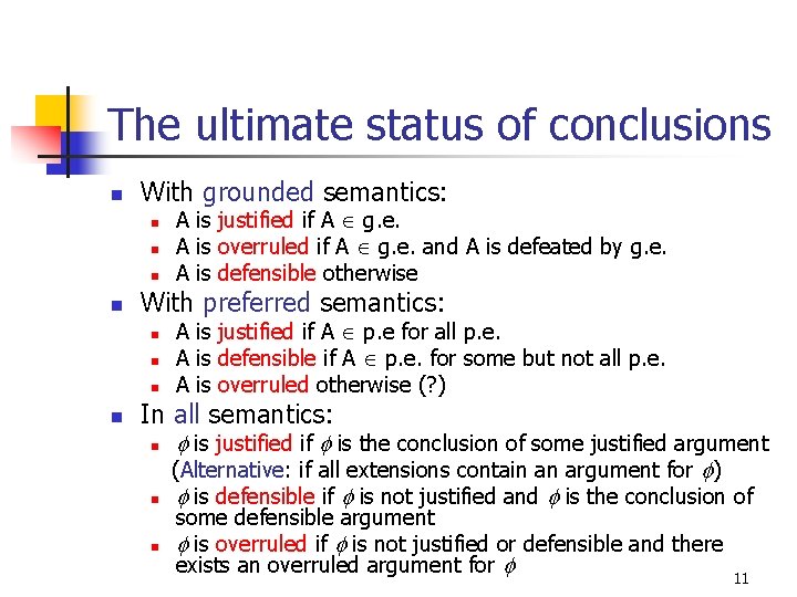The ultimate status of conclusions n With grounded semantics: n n With preferred semantics: