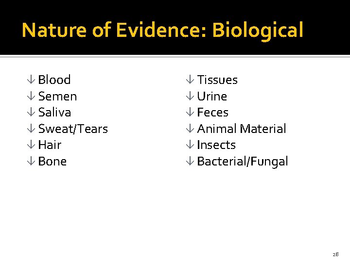 Nature of Evidence: Biological â Blood â Semen â Saliva â Sweat/Tears â Hair