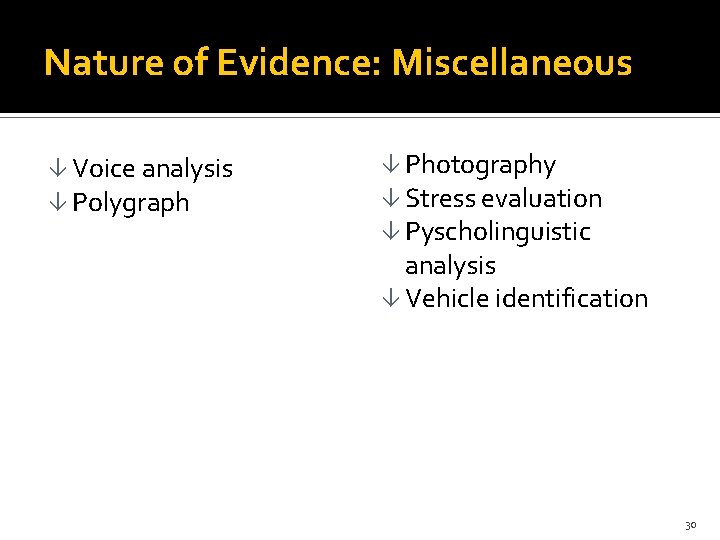 Nature of Evidence: Miscellaneous â Voice analysis â Polygraph â Photography â Stress evaluation