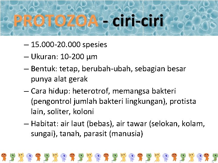 PROTOZOA - ciri-ciri – 15. 000 -20. 000 spesies – Ukuran: 10 -200 μm