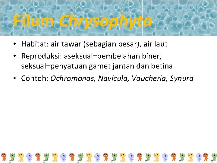 Filum Chrysophyta • Habitat: air tawar (sebagian besar), air laut • Reproduksi: aseksual=pembelahan biner,