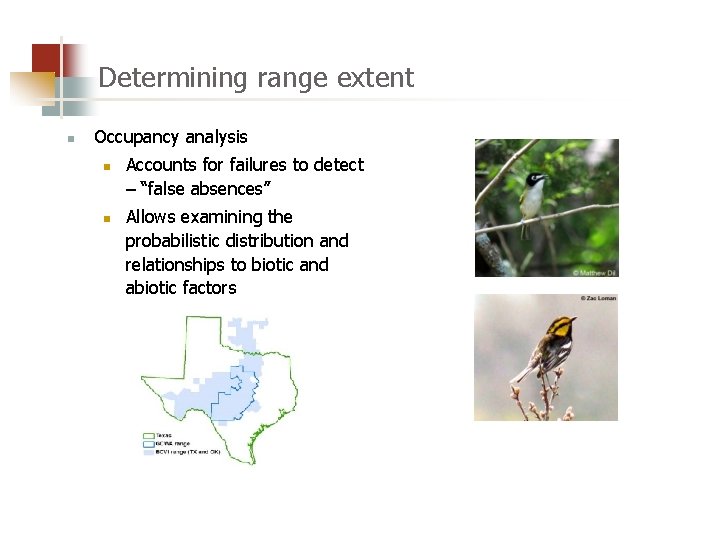 Determining range extent n Occupancy analysis n n Accounts for failures to detect –