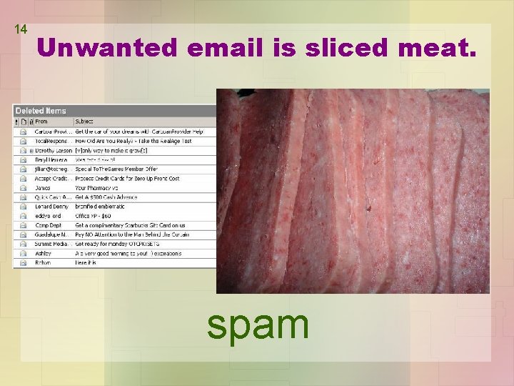 14 Unwanted email is sliced meat. spam 