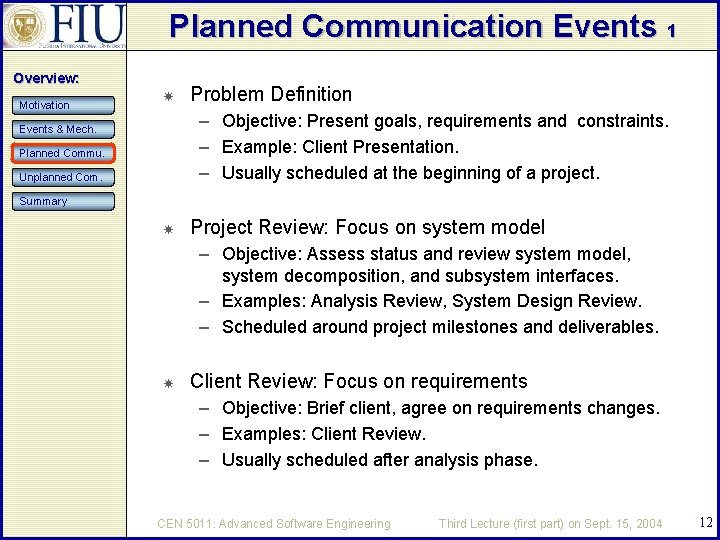 Planned Communication Events 1 Overview: Motivation Problem Definition – Objective: Present goals, requirements and