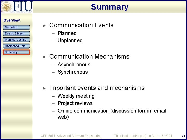 Summary Overview: Motivation Communication Events – Planned – Unplanned Events & Mech. Planned Commu.