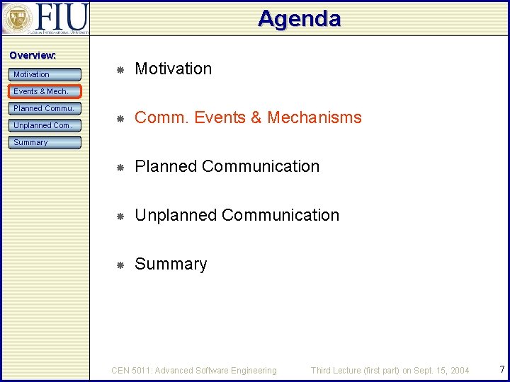 Agenda Overview: Motivation Comm. Events & Mechanisms Planned Communication Unplanned Communication Summary Events &