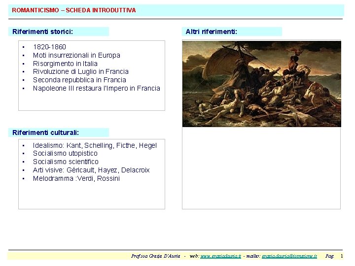 ROMANTICISMO – SCHEDA INTRODUTTIVA Riferimenti storici: • • • Altri riferimenti: 1820 -1860 Moti