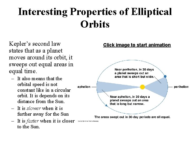 Interesting Properties of Elliptical Orbits Kepler’s second law states that as a planet moves
