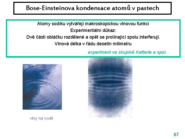 Bose-Einsteinova kondensace atomů v pastech Atomy sodíku vytvářejí makroskopickou vlnovou funkci Experimentální důkaz: Dvě