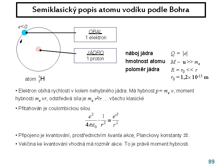 Semiklasický popis atomu vodíku podle Bohra e<0 OBAL 1 elektron JÁDRO 1 proton náboj