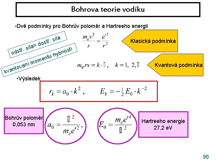 Bohrova teorie vodíku • Dvě podmínky pro Bohrův poloměr a Hartreeho energii = a