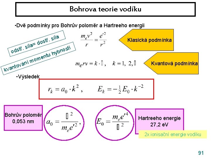 Bohrova teorie vodíku • Dvě podmínky pro Bohrův poloměr a Hartreeho energii = a