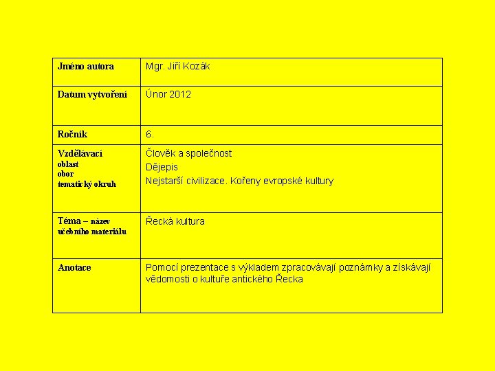 Jméno autora Mgr. Jiří Kozák Datum vytvoření Únor 2012 Ročník 6. Vzdělávací oblast obor