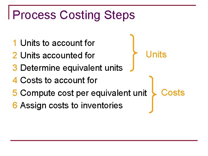 Process Costing Steps 1 2 3 4 5 6 Units to account for Units