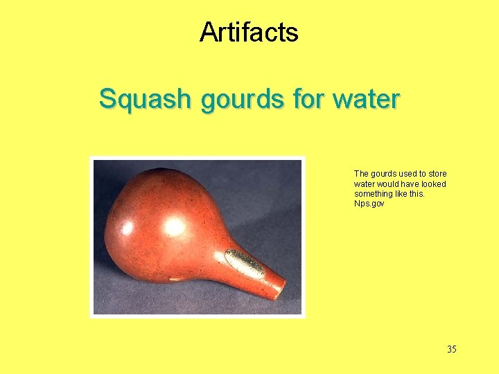 Artifacts Squash gourds for water The gourds used to store water would have looked