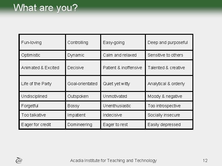 What are you? Fun-loving Controlling Easy-going Deep and purposeful Optimistic Dynamic Calm and relaxed What are you? Fun-loving Controlling Easy-going Deep and purposeful Optimistic Dynamic Calm and relaxed