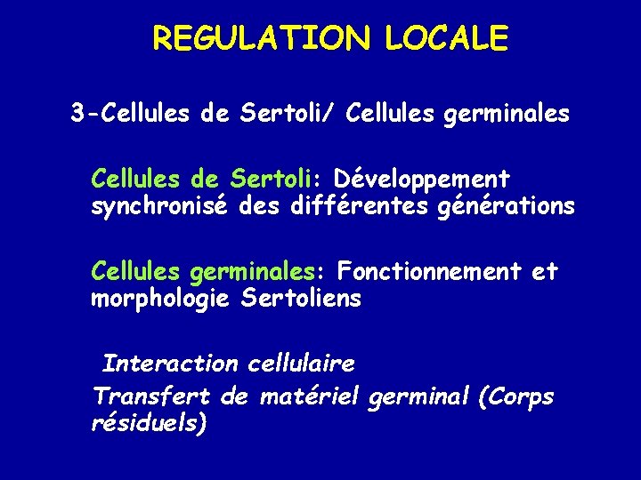 REGULATION LOCALE 3 -Cellules de Sertoli/ Cellules germinales Cellules de Sertoli: Développement synchronisé des