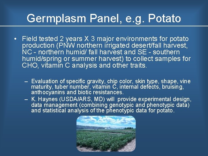 Germplasm Panel, e. g. Potato • Field tested 2 years X 3 major environments