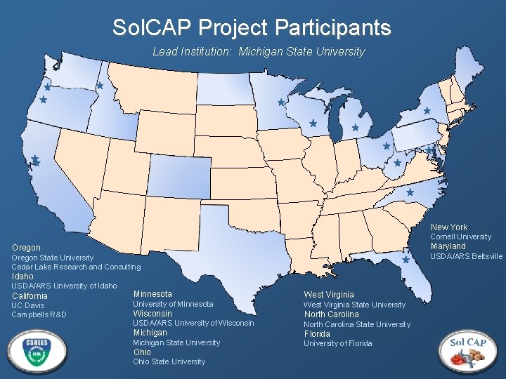 Sol. CAP Project Participants Lead Institution: Michigan State University New York Cornell University Maryland