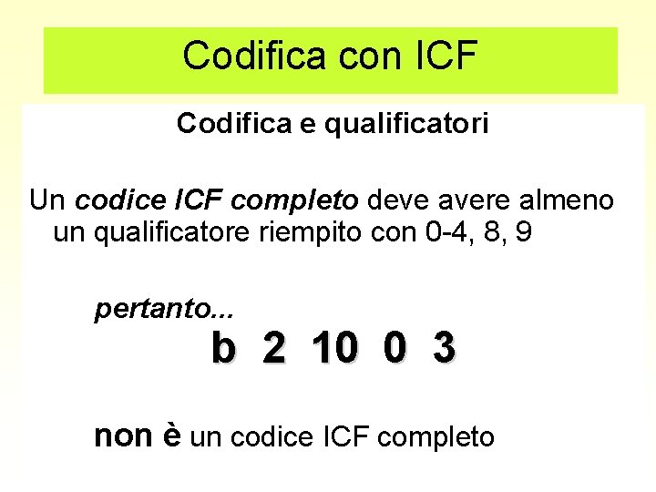 Codifica con ICF Codifica e qualificatori Un codice ICF completo deve avere almeno un Codifica con ICF Codifica e qualificatori Un codice ICF completo deve avere almeno un