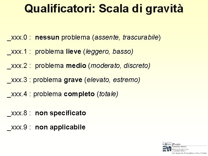 Qualificatori: Scala di gravità _xxx. 0 : nessun problema (assente, trascurabile) _xxx. 1 : Qualificatori: Scala di gravità _xxx. 0 : nessun problema (assente, trascurabile) _xxx. 1 :