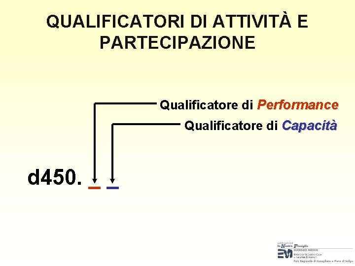 QUALIFICATORI DI ATTIVITÀ E PARTECIPAZIONE Qualificatore di Performance Qualificatore di Capacità d 450. _ QUALIFICATORI DI ATTIVITÀ E PARTECIPAZIONE Qualificatore di Performance Qualificatore di Capacità d 450. _