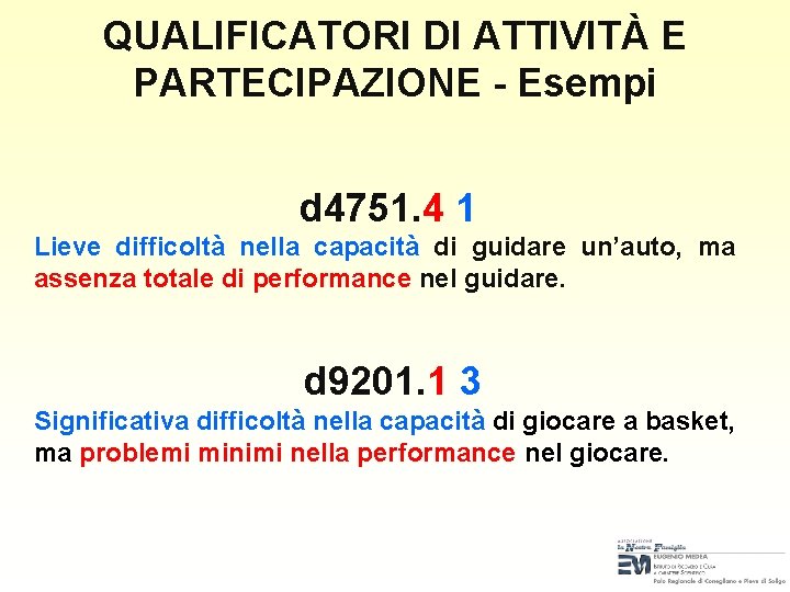 QUALIFICATORI DI ATTIVITÀ E PARTECIPAZIONE - Esempi d 4751. 4 1 Lieve difficoltà nella QUALIFICATORI DI ATTIVITÀ E PARTECIPAZIONE - Esempi d 4751. 4 1 Lieve difficoltà nella