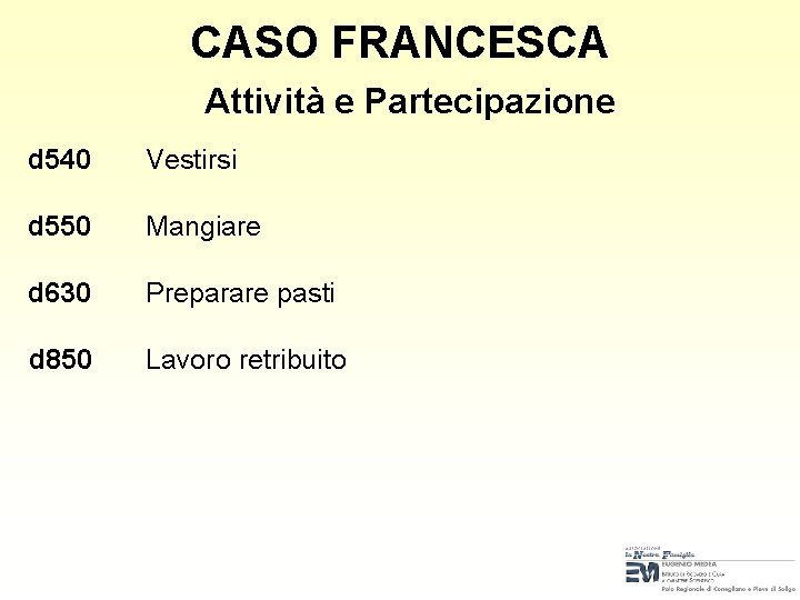 CASO FRANCESCA Attività e Partecipazione d 540 Vestirsi d 550 Mangiare d 630 Preparare CASO FRANCESCA Attività e Partecipazione d 540 Vestirsi d 550 Mangiare d 630 Preparare
