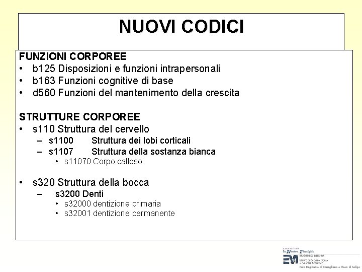 NUOVI CODICI FUNZIONI CORPOREE • b 125 Disposizioni e funzioni intrapersonali • b 163 NUOVI CODICI FUNZIONI CORPOREE • b 125 Disposizioni e funzioni intrapersonali • b 163