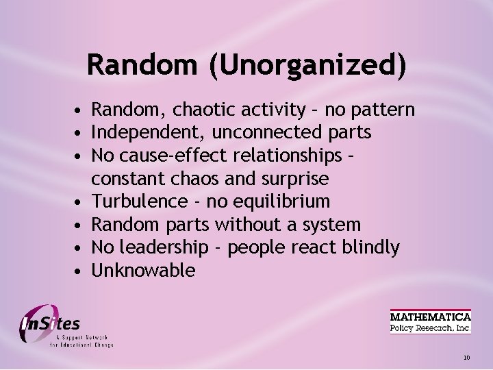Random (Unorganized) • Random, chaotic activity – no pattern • Independent, unconnected parts •