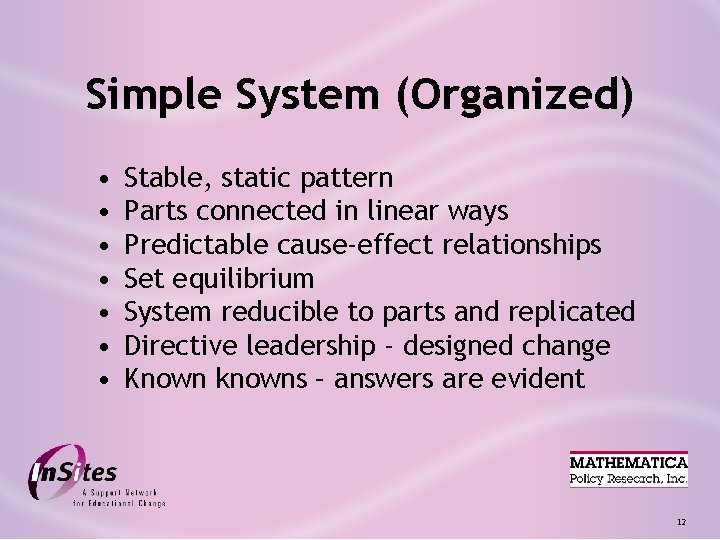 Simple System (Organized) • • Stable, static pattern Parts connected in linear ways Predictable