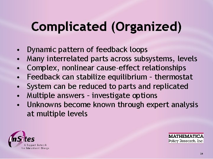 Complicated (Organized) • • Dynamic pattern of feedback loops Many interrelated parts across subsystems,