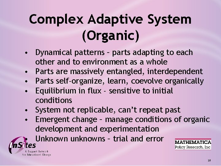 Complex Adaptive System (Organic) • Dynamical patterns – parts adapting to each other and