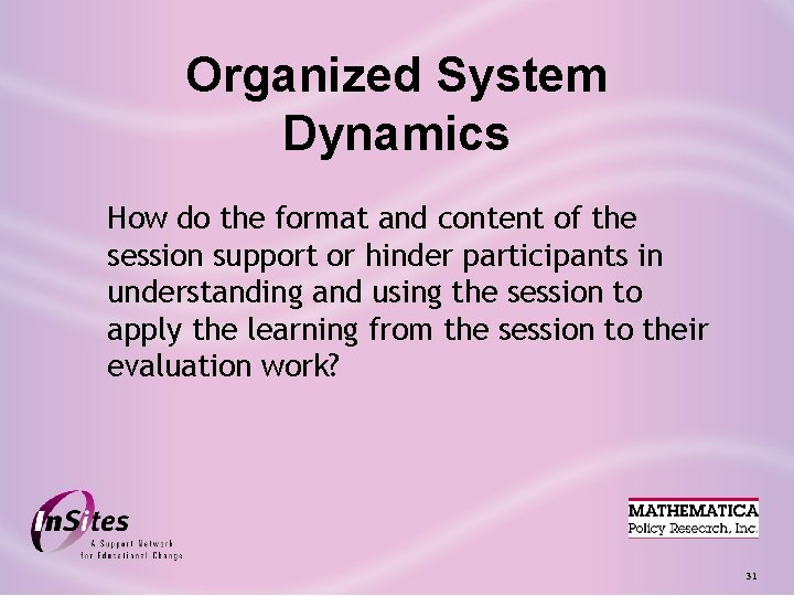 Organized System Dynamics How do the format and content of the session support or