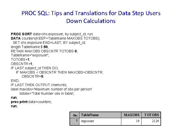 PROC SQL: Tips and Translations for Data Step Users Down Calculations PROC SORT data=shs.