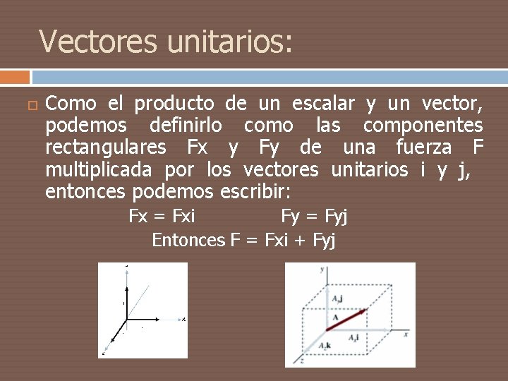 Vectores unitarios: Como el producto de un escalar y un vector, podemos definirlo como