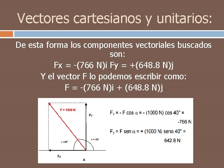 Vectores cartesianos y unitarios: De esta forma los componentes vectoriales buscados son: Fx =