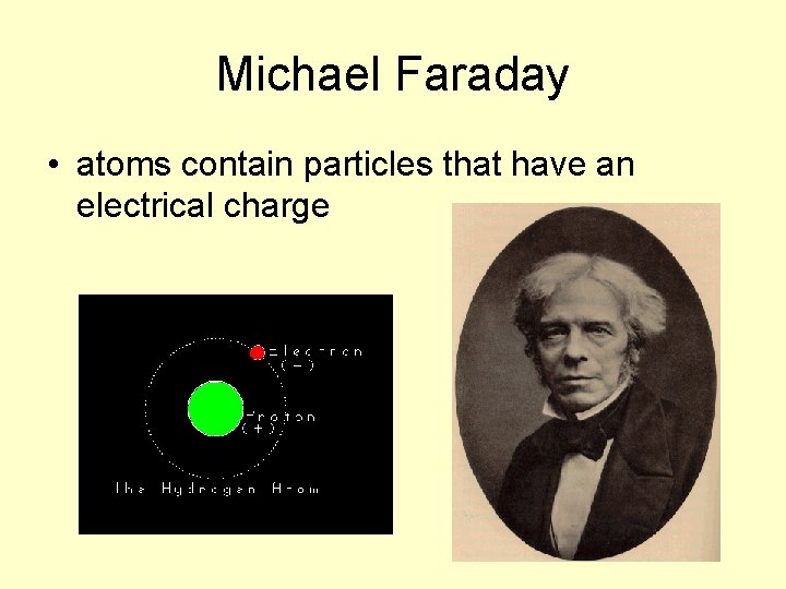 Michael Faraday • atoms contain particles that have an electrical charge 