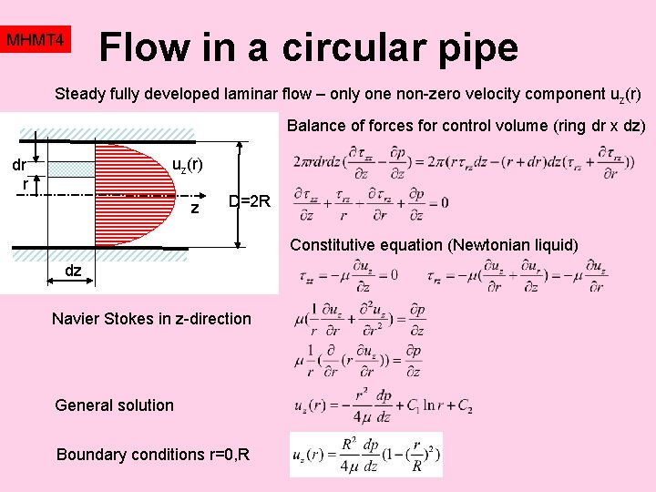 MHMT 4 Flow in a circular pipe Steady fully developed laminar flow – only