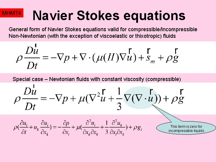 MHMT 4 Navier Stokes equations General form of Navier Stokes equations valid for compressible/incompressible