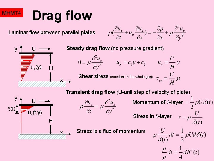 MHMT 4 Drag flow Laminar flow between parallel plates y Steady drag flow (no