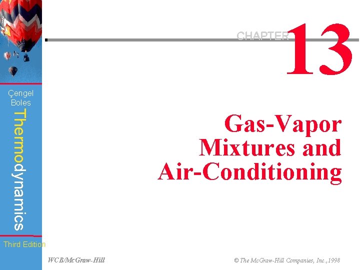 13 CHAPTER Çengel Boles Thermodynamics Gas-Vapor Mixtures and Air-Conditioning Third Edition WCB/Mc. Graw-Hill ©